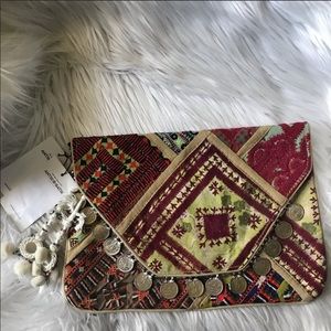 ANTIK BATIK Banjo Embellished Clutch Burgundy